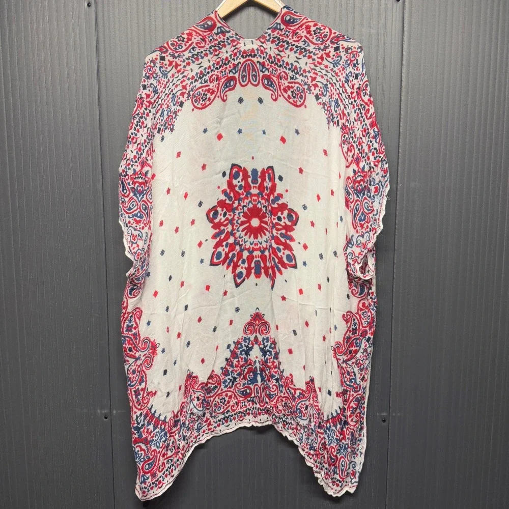 Quagga Kimono Wrap Red White Blue Paisley Bandana Print Tassel Cover Up OS